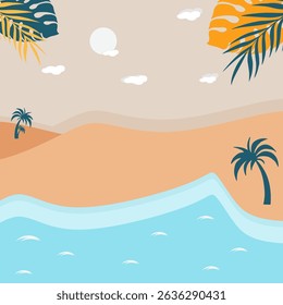 Minimalist tropical beach vector with palm trees, soft waves, and sunny sky. Perfect for summer posters, travel ads, or digital backgrounds.