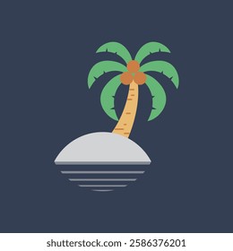 Minimalist Tropical Island with Coconut Tree. Flat Vector Illustration of a Palm Tree on a Small Floating Island, Perfect for Summer, Vacation, and Beach-Themed Designs.