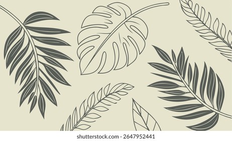 Minimalist tropical leaf seamless pattern. Elegant botanical vector background with palm and monstera foliage.