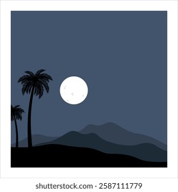 Minimalist tropical night landscape with palm trees, mountains, and full moon. Perfect for backgrounds, posters, and nature-themed designs. Vector illustration