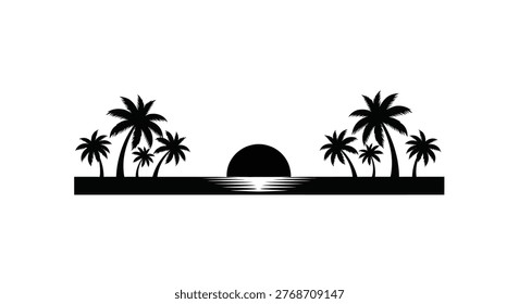 Minimalist tropical scene featuring silhouetted palm trees and a sunset