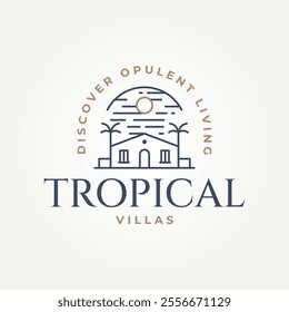 minimalist tropical villa house line art icon logo vector illustration design. simple modern rental vacation house logo concept