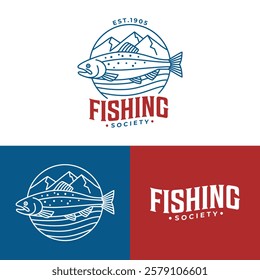 minimalist trout fish with mountain and lake line art icon badge logo vector illustration design. simple modern fishing club logo concept