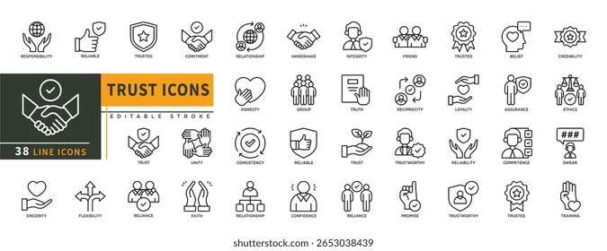 Ícones minimalistas de linha de confiança definidos com traço editável, apresentando responsabilidade, confiável, compromisso, unidade, confiança, consistência, amigo, confiável, verdade, lealdade, crença, suor. ilustração linear fina.