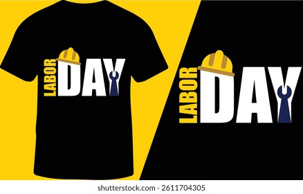 Minimalist “Labor Day” T-Shirt Design with Hard Hat and Wrench Graphic, Vector Illustration.