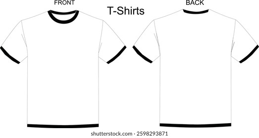 Minimalist T-shirt outline mockup, blank apparel template for design presentation, front and back view, isolated on white background