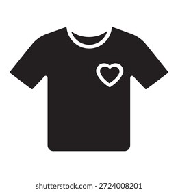 Camiseta minimalista icono sólido con un corazón. Símbolo de ropa romántica para el día de San Valentín. Vector negro silueta de una camisa. Señal de amor y moda. Aislado sobre fondo blanco.