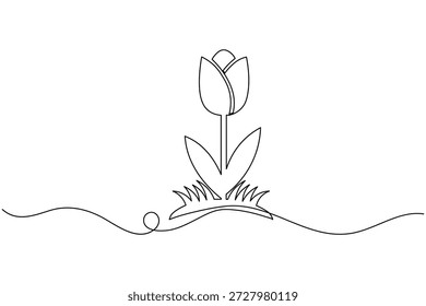 Minimalistische Tulpe im Gras durchgehende einzeilige Kunstzeichnung Umriss Vektorgrafik