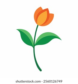 Minimalist tulip illustration, vibrant orange petals, simple green stem and leaves.