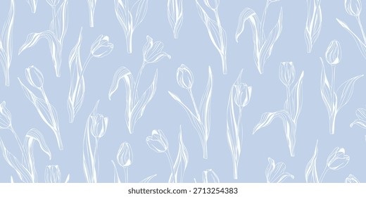 Modelo inconsútil minimalista del contorno del tulipán en azul suave. Fondo delicado del arte de la línea del tulipán.