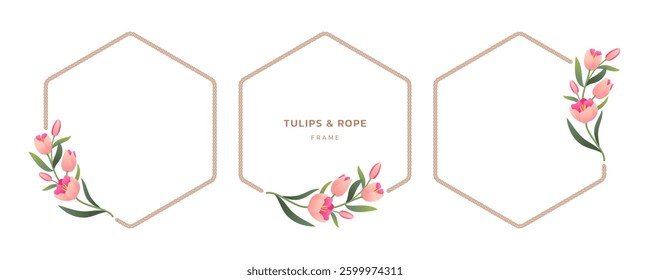 Minimalist tulips and rope frame. Elegant floral hexagon borders template set for wedding, cards, invitations, prints and more.