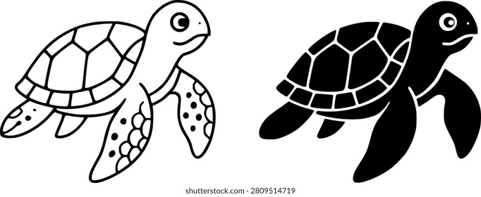 Minimalist turtle icon in outline and silhouette design
