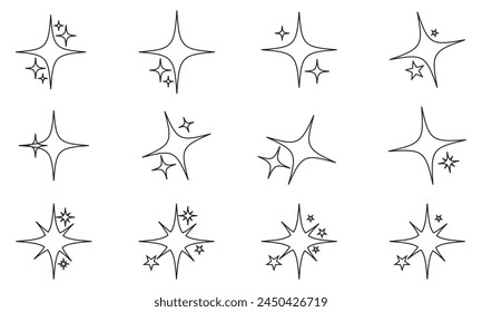 Minimalist twinkle star shape symbols. Shining star icons, abstract sparkle black silhouettes. Modern geometric elements, shining star icon set. Set of twinkling star vector on a white background. EPS