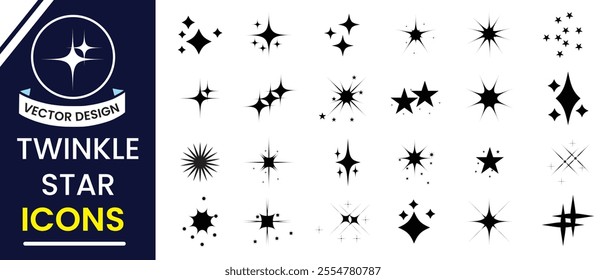 Minimalist twinkle star shape symbols. Shiny sparks icon. Twinkling stars icon vector set. Modern geometric elements, shining star icon set. Twinkling spark and burst icons set.