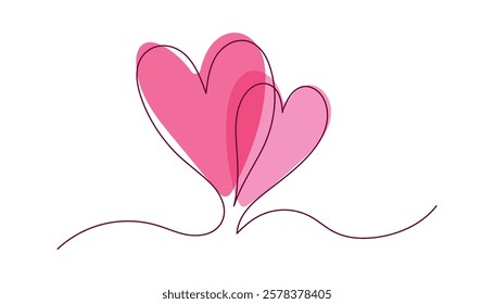 Minimalist two hearts line a vector art Illustration. A simple and elegant two overlapping pink hearts, symbolizing love, romance and relationships on white background