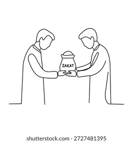 Minimalista dos hombres dando y recibiendo Zakat ilustración de arte de línea de caridad