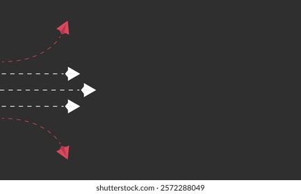 Minimalist two red airplane changing direction and white ones. New idea, change, trend, courage, creative solution, innovation and unique way concept.