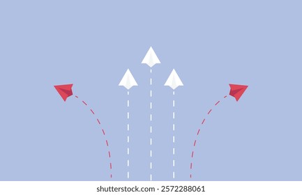 Minimalist two red airplane changing direction and white ones. New idea, change, trend, courage, creative solution, innovation and unique way concept.