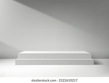 A minimalist two tiered white podium illuminated by sunlight stands against a simple gray wall. Perfect for modern product displays, mockups, and showrooms seeking a sleek, clean design