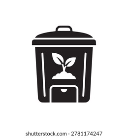 A minimalist, two-tone illustration of a closed compost bin featuring a sprouting plant inside, symbolizing organic recycling and growth. The bin has a lid with handles and is depicted in bold black a.