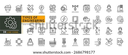 Minimalist Types Of Engineering line icons set with editable stroke, featuring mining, industrial, aerospace, energy, mechanical, materials, biomedical, civil, tools, marine. thin linear illustration.