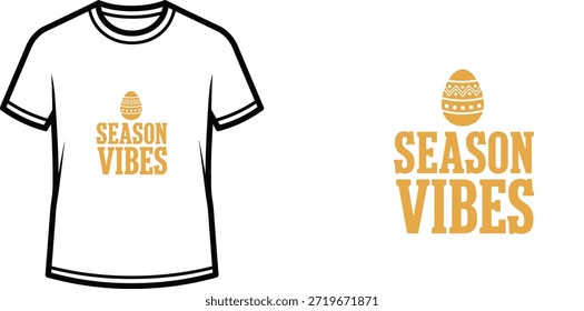 Minimalistisches Typografie-Design mit fett gelbem Text mit der Aufschrift "SEASON VIBES" und einer illustrativ dekorierten Eiergrafik darüber. Geeignet für Print-on-Demand-T-Shirts, Hoodies und andere Bekleidung zum Thema Frühling, die eine lustige, festliche Stimmung für die Saison einfangen.