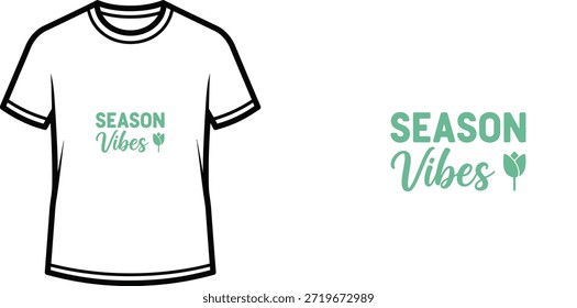 Un diseño de tipografía minimalista con el lema "SEASON Vibes" en una mezcla de atrevidas Fuentes de sans-serif y guiones escritos a mano, acompañados de un Pequeño ícono de flores. Ideal para crear camisetas, ropa y Mercancía con temática primaveral para la Impresión a la carta.