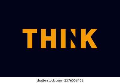 A minimalist typography design of the word "THINK" in orange on a dark blue background. A modern design promoting creativity, thought, and focus