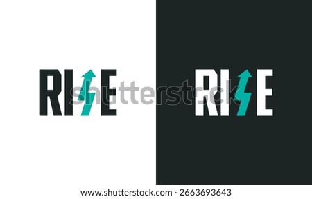 Minimalist “RISE” typography logo design with bold sans-serif letters, lightning bolt and upward arrow symbol, shown on black and white backgrounds.