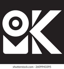 Minimalist typography, OK letters, bold white text, black background, geometric shapes, modern design, stark contrast, simple logo, clean lines, abstract composition, symmetrical layout, negati