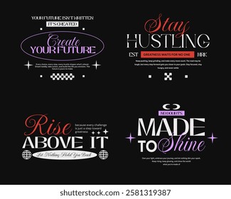 Minimalist typography set, for poster, t-shirt design. Vintage typography quotes vector set. Y2k typographic bundle for clothing design, Urban streetwear lettering for t shirt 