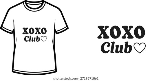 Um design minimalista de t-shirt tipográfica com o texto "XOXO Club" e um simples gráfico cardíaco. Ideal para impressão sob demanda, vestuário, roupas e mercadorias. O design usa letras retrô e arrojadas para uma estética fofa e simples.