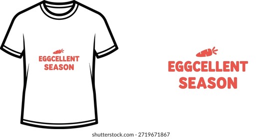Um design minimalista de t-shirt tipográfica com o slogan humorístico "Época de Óculos" e uma ilustração simples de uma cenoura, adequado para a Páscoa, primavera, ou como um presente de férias em geral.