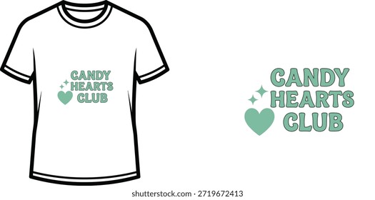Ein minimalistisches Typografie-T-Shirt-Design mit dem Slogan "CANDY HEARTS CLUB" in einer einfachen Blockschrift. Das Design umfasst eine kleine Herzgrafik und funkelnde Details, die in einer soliden hellgrünen Farbe gerendert sind. Ideal für Bekleidung zum Valentinstag, Print-on-Demand-Produkte und Freizeitkleidung.