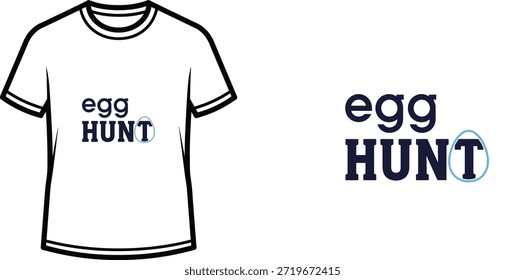 Ein minimalistisches Typografie-T-Shirt-Design mit dem fetten Slogan "Ei HUNT" in zwei verschiedenen Schriftarten mit einem einzigartigen grafischen Element, wobei der Buchstabe "T" in einen Umriss eines Eis integriert ist. Dieses schlichte und dennoch stilvolle Design ist perfekt für Kinder und Familien, die an Osterveranstaltungen und -aktivitäten teilnehmen. Geeignet für Bekleidungsartikel und Print-on-Demand-Produkte.