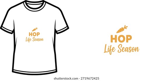 Minimalist typography t-shirt design featuring the slogan "HOP Life Season" with a small carrot illustration. The design combines a bold sans-serif font for "HOP" with a playful script font for "Life Season," creating a fun and seasonal look perfect for spring and Easter apparel.