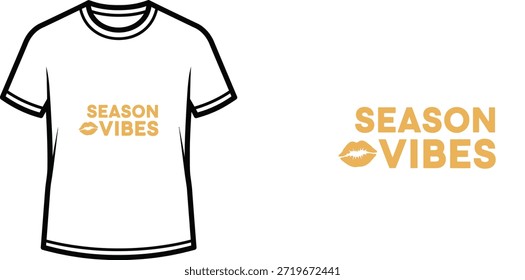 Ein minimalistisches Typografie-T-Shirt-Design mit dem Satz "SEASON VIBES" in einer einfachen, einfarbigen Schriftart. Das Design enthält ein stilisiertes Kusssymbol neben dem Wort "VIBES", das eine verspielte und stilvolle Ästhetik schafft. Diese Vektorgrafik eignet sich perfekt für Bekleidung, Merchandise und Print-on-Demand-Produkte.