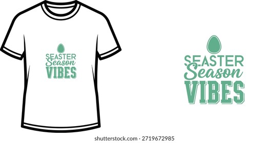 Un diseño de camiseta de tipografía minimalista con la cita 'Seaster Season Vibes' en una fuente de estilo retro afligido. El diseño incluye un Pequeño gráfico de huevo, lo que lo hace ideal para la primavera y la Mercancía de vacaciones de Pascua.