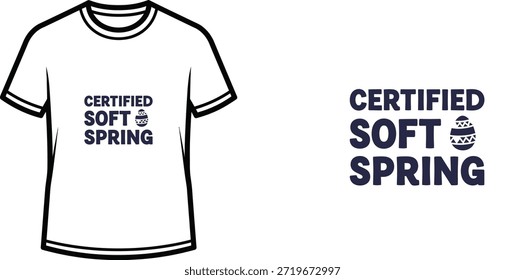 Un diseño de camiseta de tipografía minimalista con el atrevido lema "Certified Soft Spring" y un icono decorativo de huevo de Pascua. Ideal para prendas de Impresión a la carta, Mercancía de ropa y ropa de temporada, capturando el espíritu cómodo de la temporada de primavera y vacaciones de Pascua.