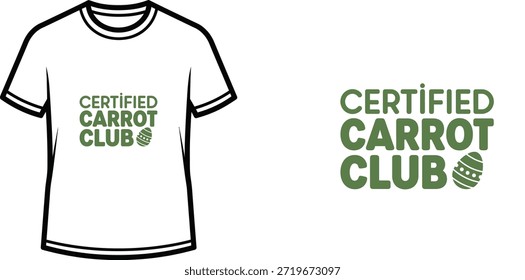 Ein minimalistisches Typografie-T-Shirt-Design mit dem Text "Certified Carrot Club" in grüner, kräftiger Schrift. Das Design enthält ein dekoratives Ostereier-Symbol, das sich für Bekleidung zum Thema Ostern, Print-on-Demand-Merchandise und Feiertage eignet. Das einfache grafische Element und die saubere Typografie schaffen einen modernen Look für den Frühlingsurlaub.