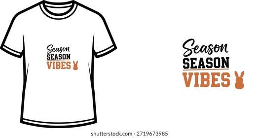 Un diseño de camiseta de tipografía minimalista con el texto "Season Vibes" en diferentes estilos de fuente. El diseño incluye un Pequeño ícono de conejo al lado del lema, sugiriendo un tema estacional, probablemente primavera o Pascua. Ideal para Mercancía y Impresión a la carta.