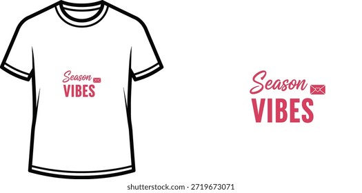 A minimalist typography t-shirt design with the text "Season VIBES". The lettering combines a flowing script font for "Season" and a bold, modern sans-serif font for "VIBES," accompanied by a small envelope illustration. This design is perfect for creating apparel, merchandise, and print-on-demand products for seasonal or general use. It's suitable for various demographics and occasions, offering a simple yet stylish statement.