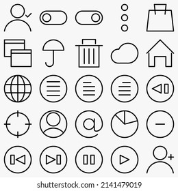 Minimalist UI icon set. (black version). Simple modern minimal, flat, solid, mono, monochrome, plain, contemporary style. Vector illustration of internet web design elements in eps.
