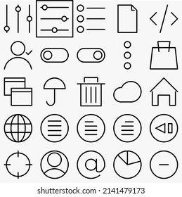 Minimalist UI icon set. (black version). Simple modern minimal, flat, solid, mono, monochrome, plain, contemporary style. Vector illustration of internet web design elements in eps.