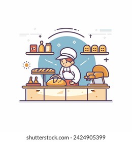 Minimalist UI illustration of baker baking bread in a flat illustration