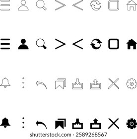 Minimalist UI navigation icons set, including home, search, menu, settings, back, forward, refresh, and logout. Available in outline and solid style