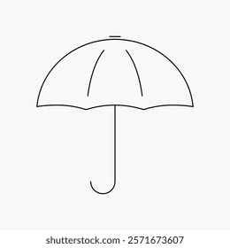 Minimalist umbrella icon with a simple, clean design. Black outline, isolated vector. Perfect for weather apps or design projects. Simple isolated black line art doodle vector.