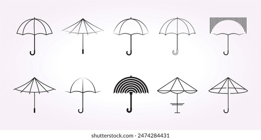 minimalist umbrella line art logo icon template bundle set. parasol illustration design on the beach