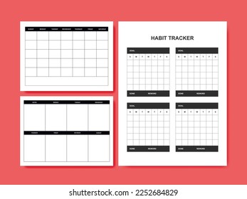 Minimalist undated personal planner page templates. Monthly Plan, Weekly Plan, Habit Tracker. Vector illustration