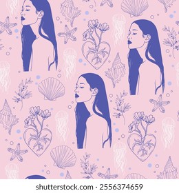 Minimalist Underwater Seamless Pattern with Women, Seashells, Hearts, and Jellyfish. Hand-Drawn Vector background